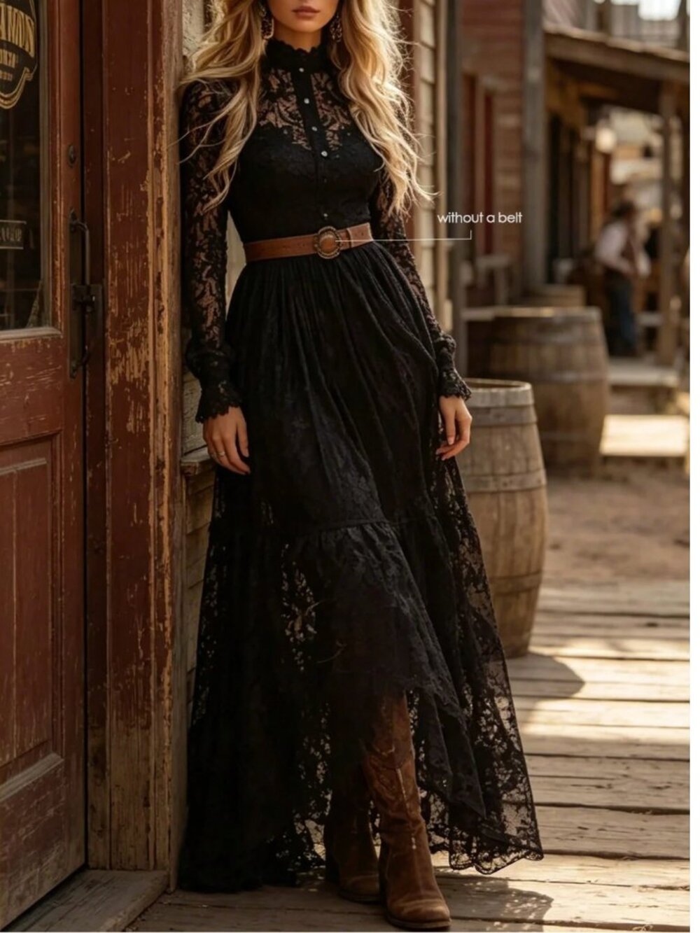 Victorian Black Lace Maxi Dress High Neck Long Sleeve Gothic Boho Gown - Picture 3 of 13